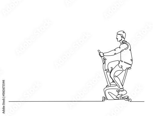 Continuous one line drawing of man riding stationary bike. Cardio exercise using gym equipment single line draw vector illustration. Editable vector.