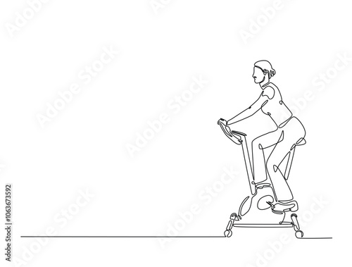 Continuous one line drawing of woman riding stationary bike. Cardio exercise using gym equipment single line draw vector illustration. Editable vector.