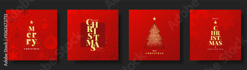 Merry Christmas and Happy New Year greeting card or banner. Set of Luxury Xmas design with gold typography, balls, snowflakes, Christmas tree and gliter on red background