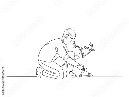 Continuous one line drawing of man planting plant on the ground. Gardening single line draw vector illustration. Editable vector.