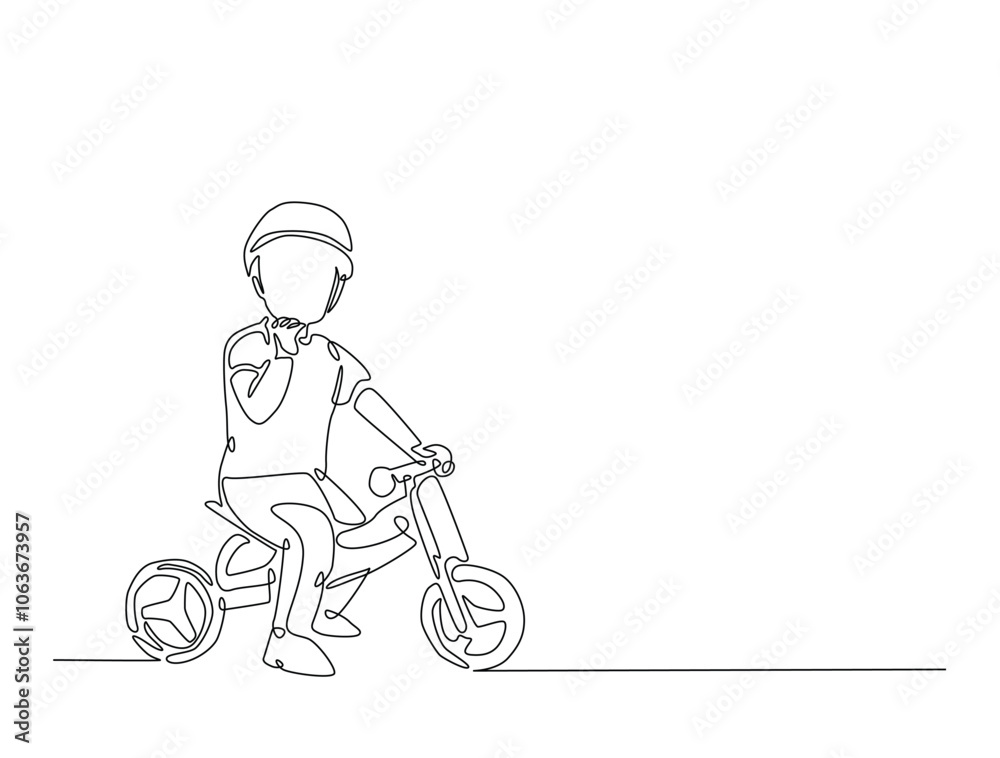 Continuous one line drawing of a boy riding tricycle. Toddler riding bike in single line draw vector illustration. Editable vector. Continuous one line drawing of a boy riding tricycle. Toddler riding bike in single line draw vector illustration. Editable vector.