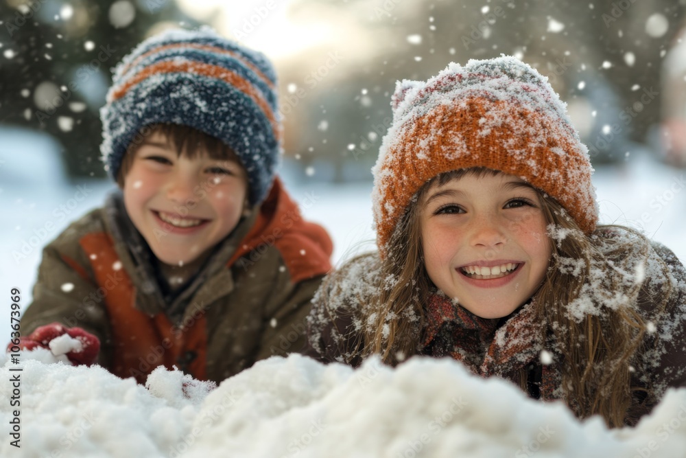 Happy Children Playing in the Snow on a Winter Day Happy Children Playing in the Snow on a Winter Day