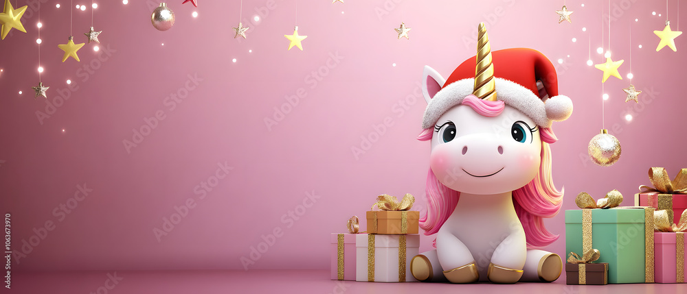 Naklejka premium Cute Unicorn Wearing Santa Hat with Christmas Gifts on Pink Background, Cute Unicorn Wearing Santa Hat with Christmas Gifts on Pink Back