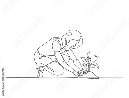 Continuous one line drawing of woman planting plant on the ground. Gardening single line draw vector illustration. Editable vector.