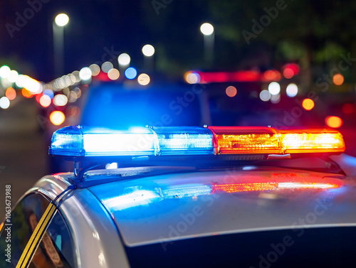Top of a police car with lights flashing at night and defocused background 