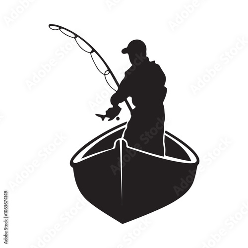 black fisherman in boat logo vector silhouette