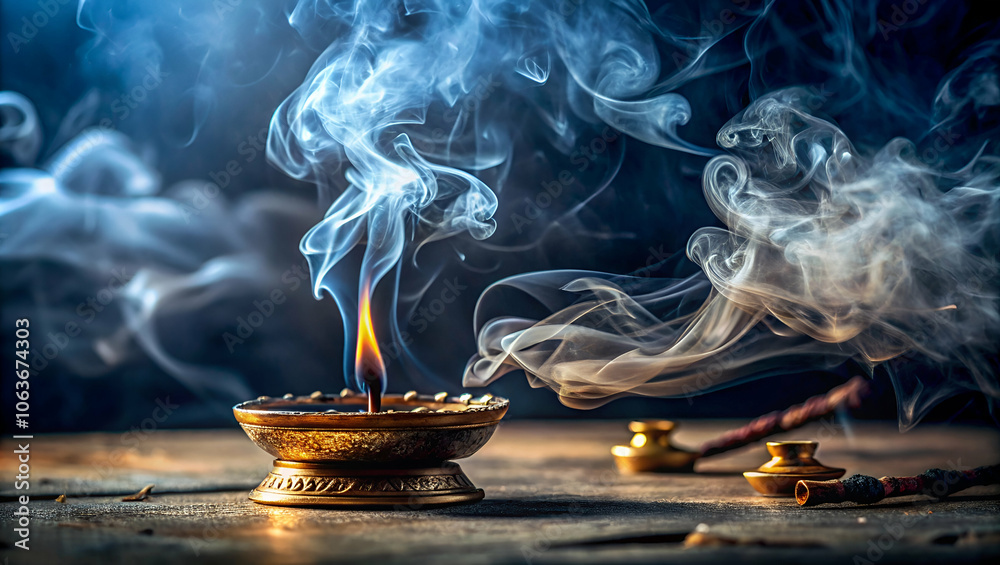 An ornate incense holder emits wisps of smoke, creating a serene atmosphere with soft lighting and warm tones. An ornate incense holder emits wisps of smoke, creating a serene atmosphere with soft lighting and warm tones.