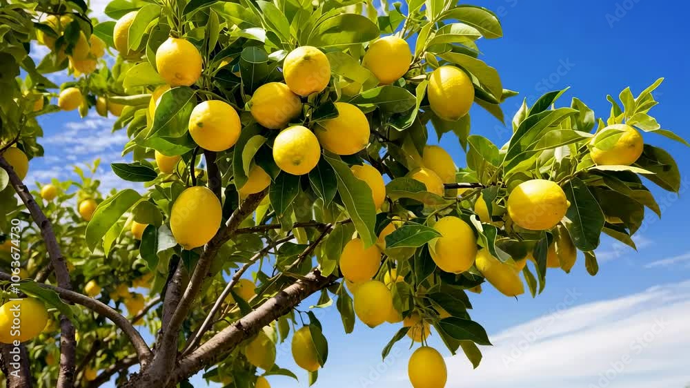 A lemon tree branch with ripe yellow lemons on a sunny day against blue sky in the background. Bottom up view.