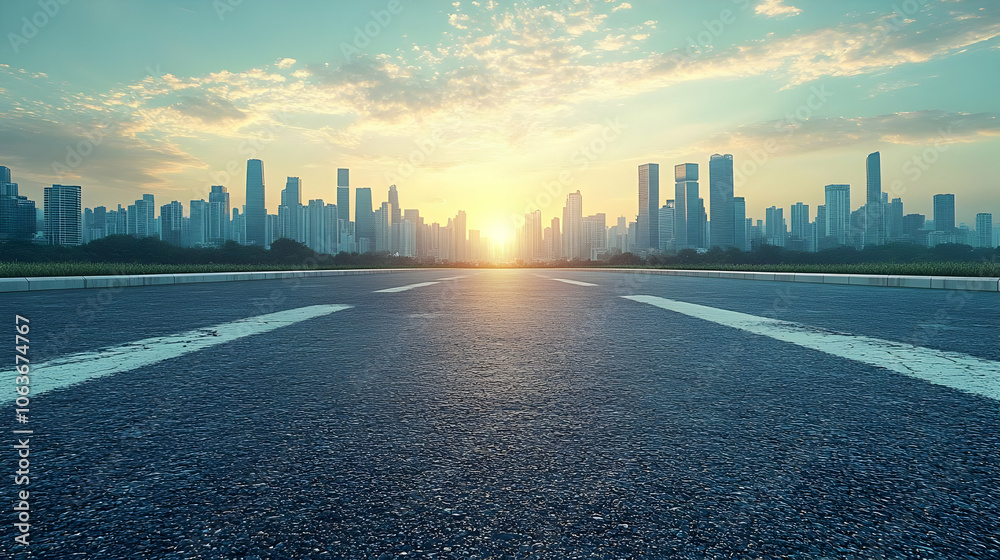 Obraz premium Asphalt Road Leading to City Skyline at Sunset - Background Image