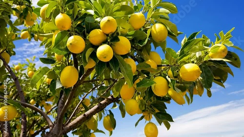 A lemon tree branch with ripe yellow lemons on a sunny day against blue sky in the background. Bottom up view.