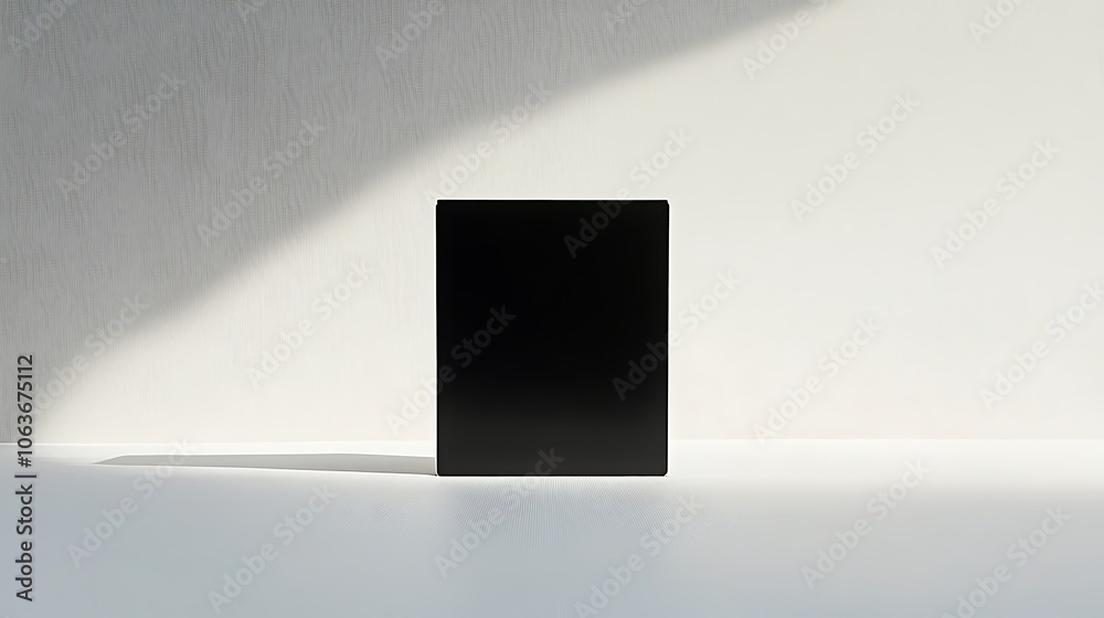 A white background with a single, bold black rectangle centered and casting a soft shadow, highlighting simplicity and form A white background with a single, bold black rectangle centered and casting a soft shadow, highlighting simplicity and form
