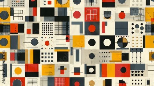 A modern Swiss geometry print with a mix of geometric shapes, including rectangles, squares, and circles
