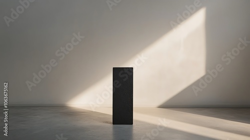 A white background with a single, bold black rectangle centered and casting a soft shadow, highlighting simplicity and form