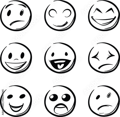 collection of hand drawn emojis faces doodle emotion vector illustration