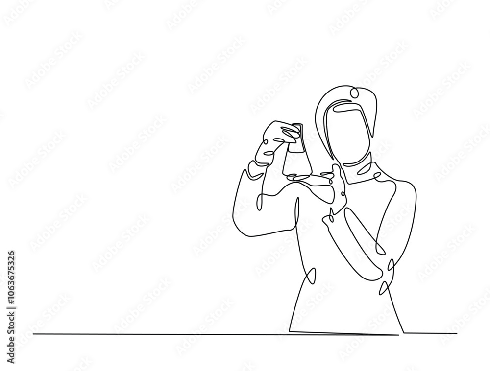 Continuous one line drawing of scientist holds flashk in labs. Editable vector.