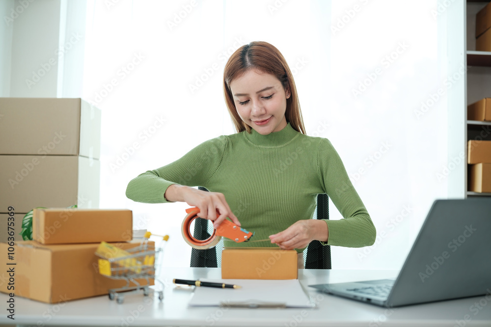 A woman is sitting at a desk with a laptop and a box A woman is sitting at a desk with a laptop and a box