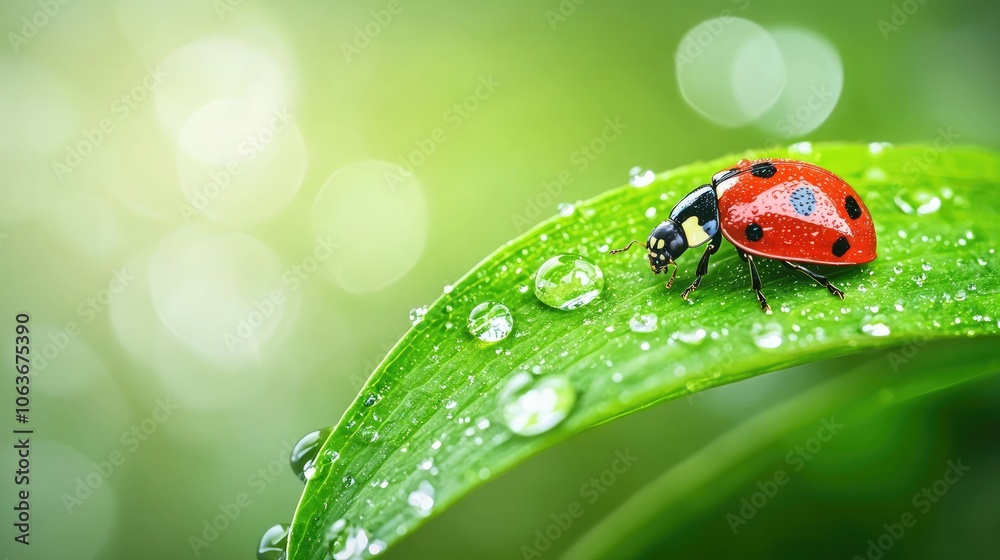 Naklejka premium Vibrant Green Leaf with Sparkling Water Drops and Ladybug
