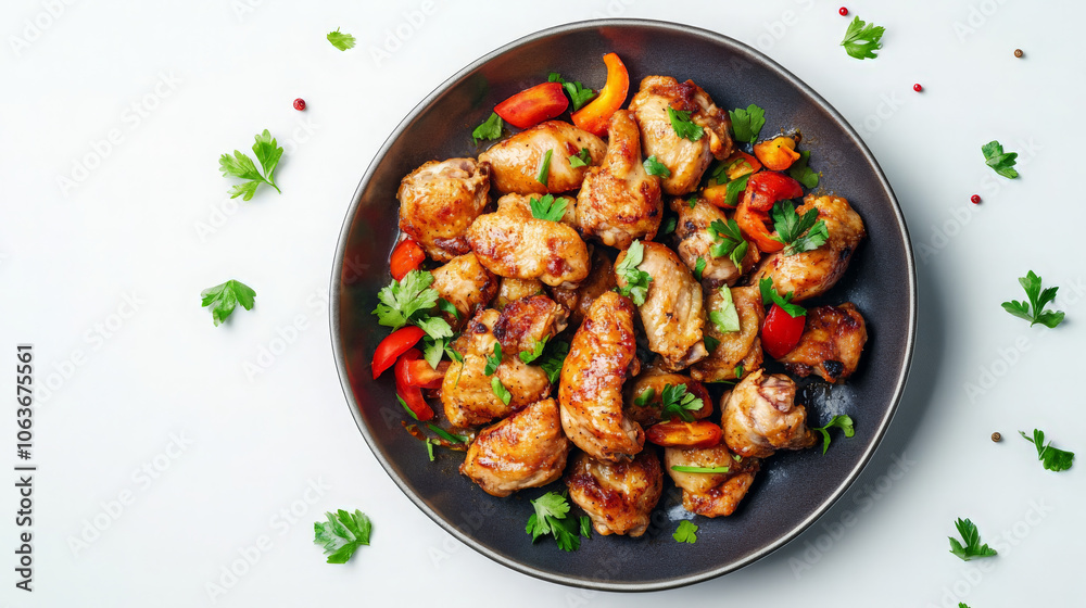 Fototapeta premium A plate of flavorful chicken wings garnished with herbs and peppers.