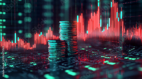 Digital Financial Growth with Coins and Stock Market Graphs