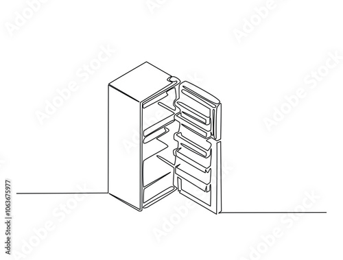 Continuous one line drawing of kitchen refigerator. kitchen refigerator in single line draw vector illustration. Editable vector.