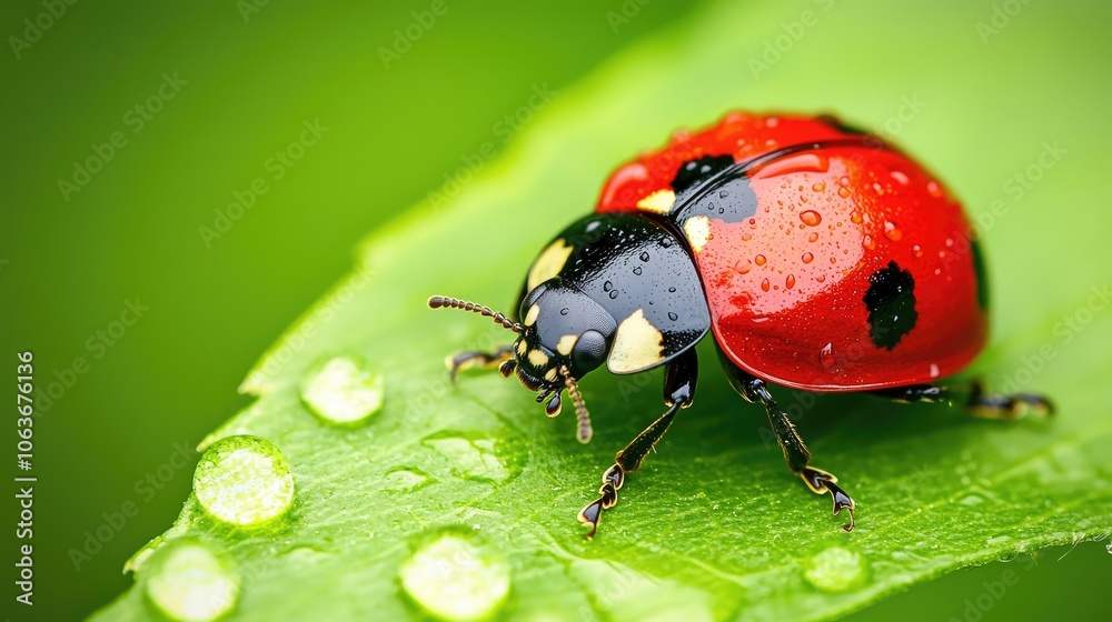 Obraz premium Vibrant Red Ladybug on Green Leaf