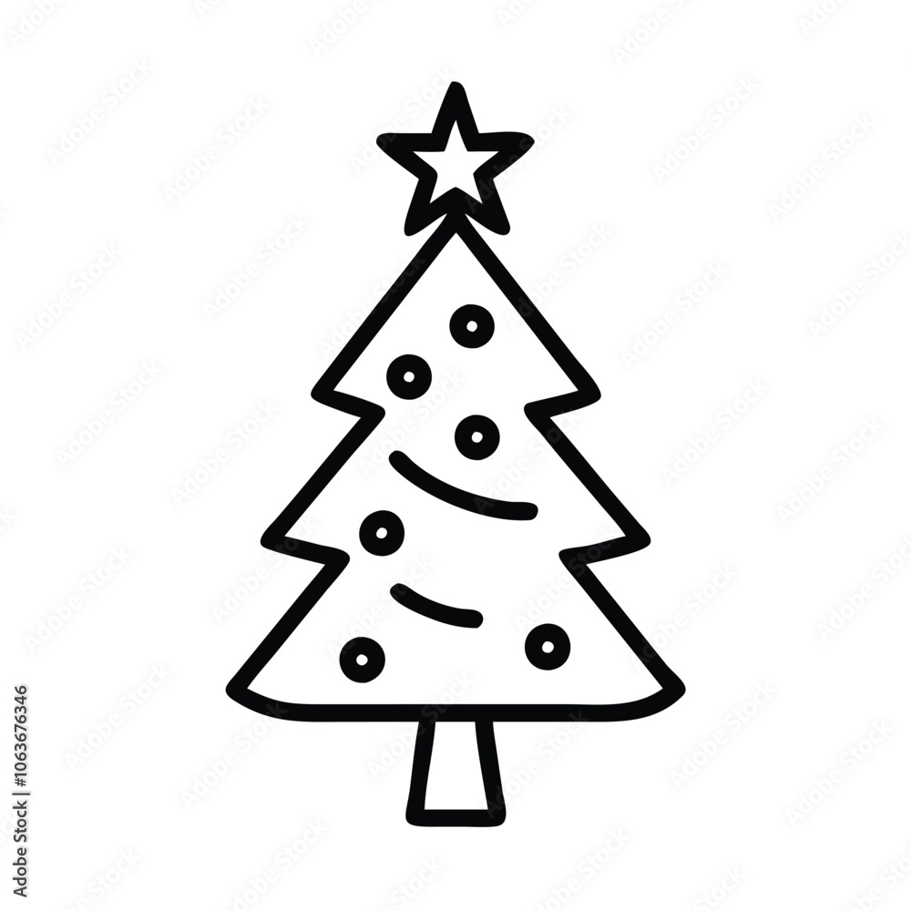 Simple Christmas tree outline with stars, Black and white outline of a Christmas tree decorated with stars and a tree topper, representing holiday season and festive decoration.