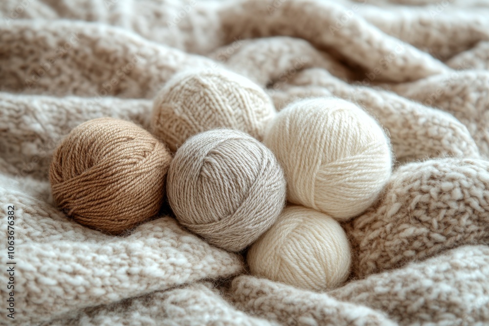 Soft Yarn Balls on Cozy Knit Blanket Natural Colors and Textures Soft Yarn Balls on Cozy Knit Blanket Natural Colors and Textures