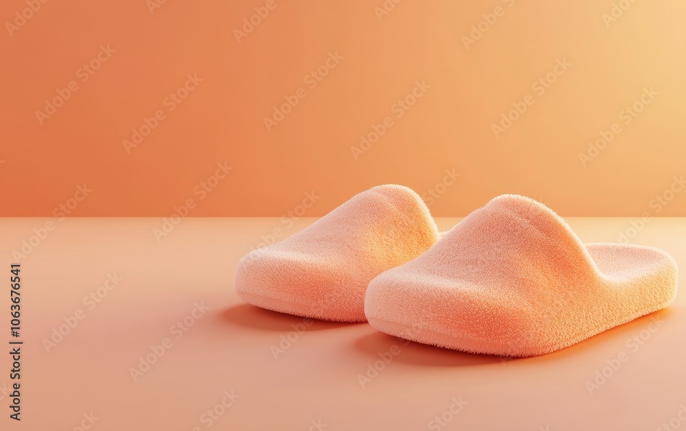 A pair of soft, fluffy slippers on a smooth, warm-toned surface, suggesting comfort and relaxation. A pair of soft, fluffy slippers on a smooth, warm-toned surface, suggesting comfort and relaxation.