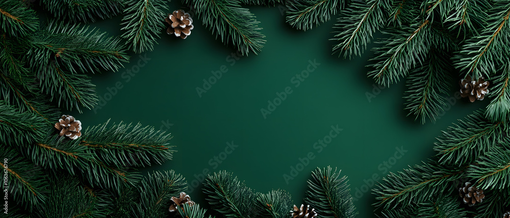 Green Christmas Background with Pine Branches and Pine Cones Green Christmas Background with Pine Branches and Pine Cones