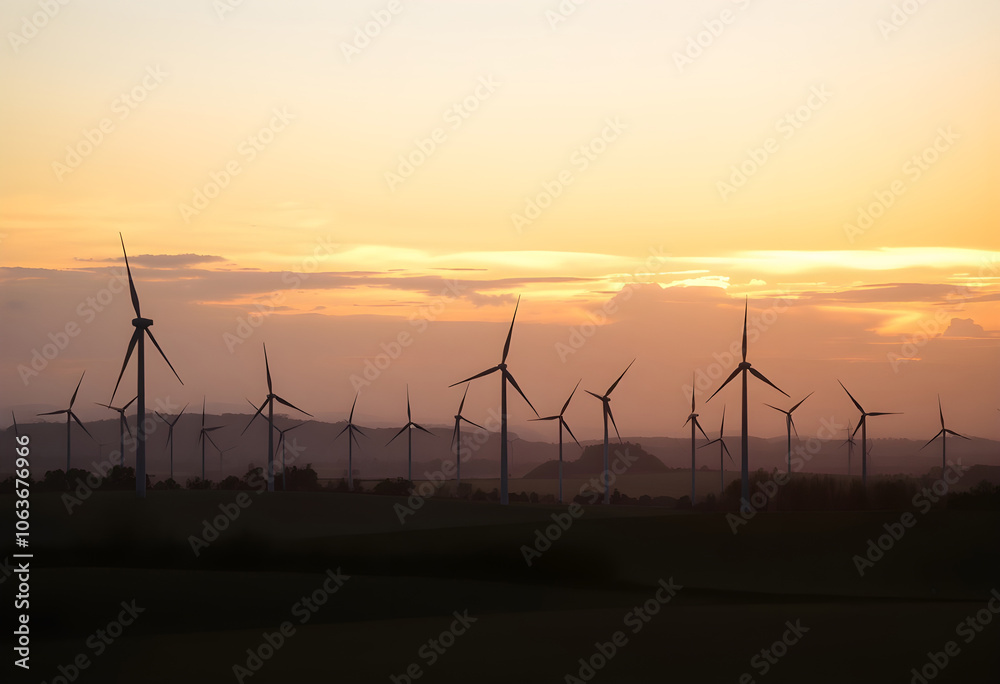 Obraz premium Wind turbines dotting a rural landscape at sunrise