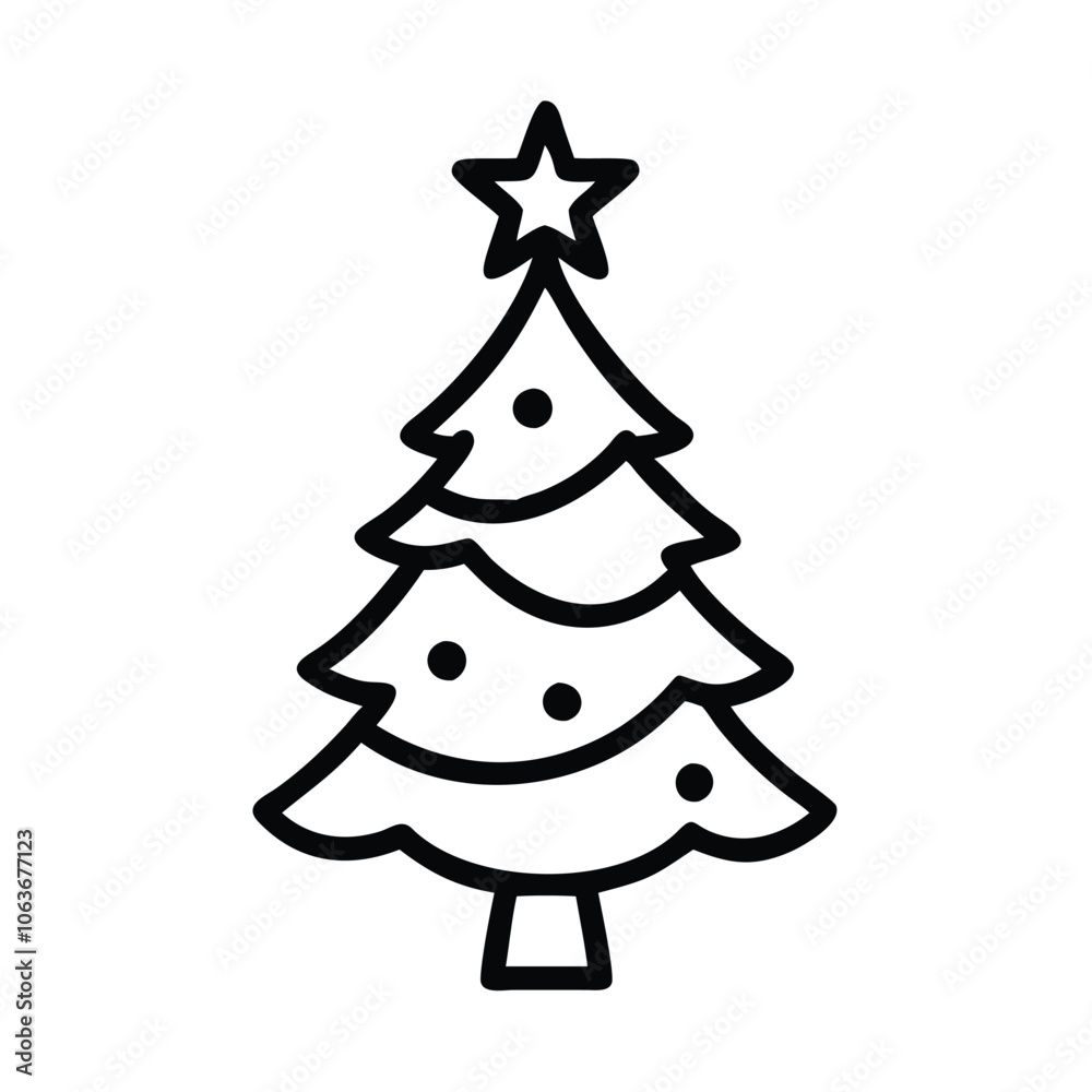 Simple Christmas tree outline with stars, Black and white outline of a Christmas tree decorated with stars and a tree topper, representing holiday season and festive decoration. Simple Christmas tree outline with stars, Black and white outline of a Christmas tree decorated with stars and a tree topper, representing holiday season and festive decoration.