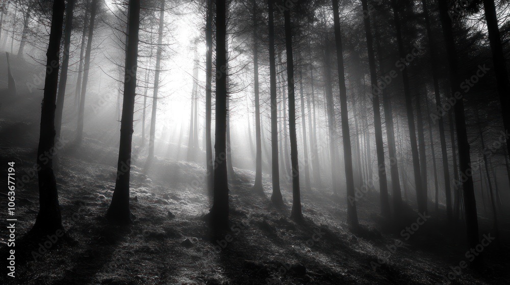 Obraz premium A misty forest with tall trees and sunlight filtering through the fog.