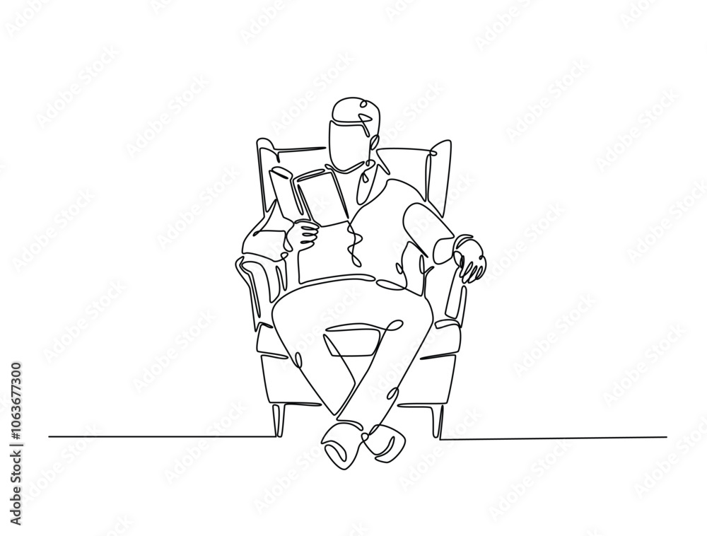 Continuous one line drawing of man reading book in cozy armchair. Editable vector. Continuous one line drawing of man reading book in cozy armchair. Editable vector.