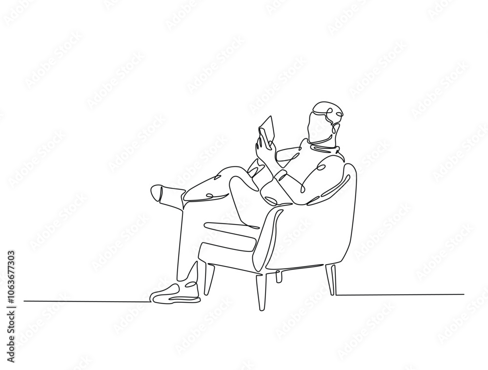Continuous one line drawing of man reading book in cozy armchair. Editable vector. Continuous one line drawing of man reading book in cozy armchair. Editable vector.