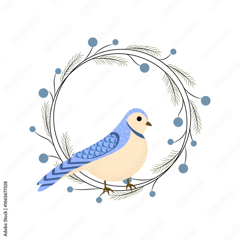 Obraz premium Winter bird in a Christmas wreath with branches and berries. Blue Jay. Vector illustration