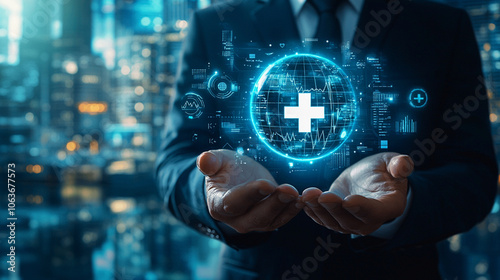 Businessman Holding Digital Health Symbols