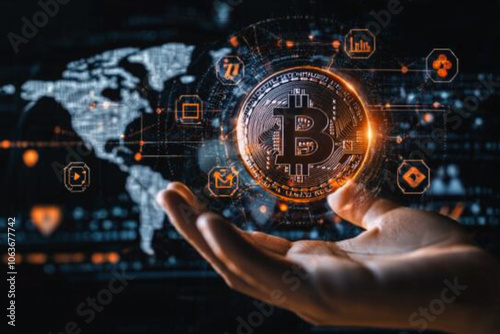 Hand Holding Glowing Bitcoin with Digital Background