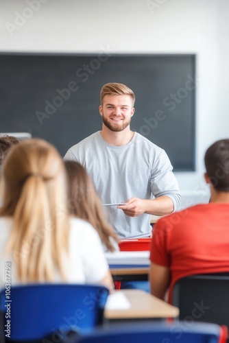 A teacher stands in front of a blackboard, happily explaining the material to attentive students seated at their desks. The classroom atmosphere is focused and engaged, highlighting an interactive lea photo