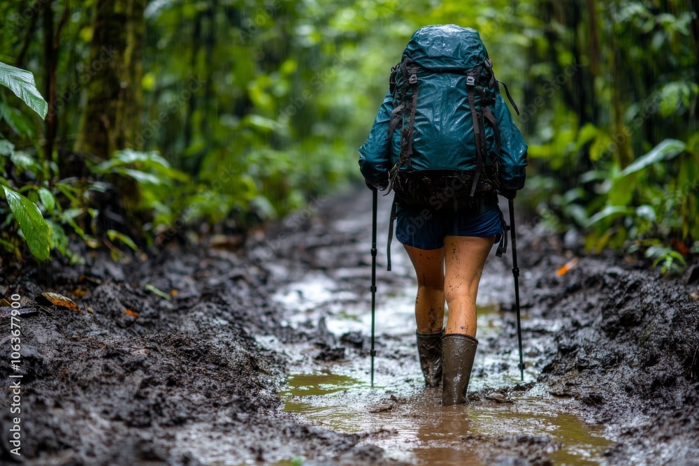 Woman Hiking Through Muddy Jungle Trail in Rain