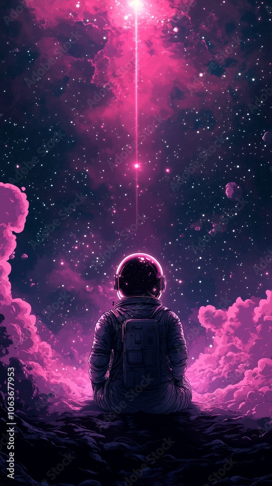 An astronaut sits amid vibrant clouds, marveling at a distant star's glow in the vast, colorful universe. An astronaut sits amid vibrant clouds, marveling at a distant star's glow in the vast, colorful universe.