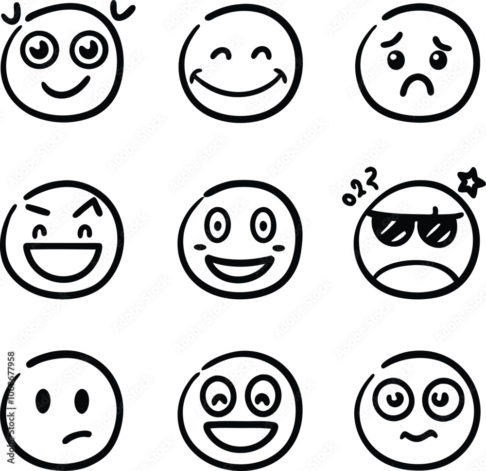 collection of  hand drawn emojis faces doodle emotion vector illustration