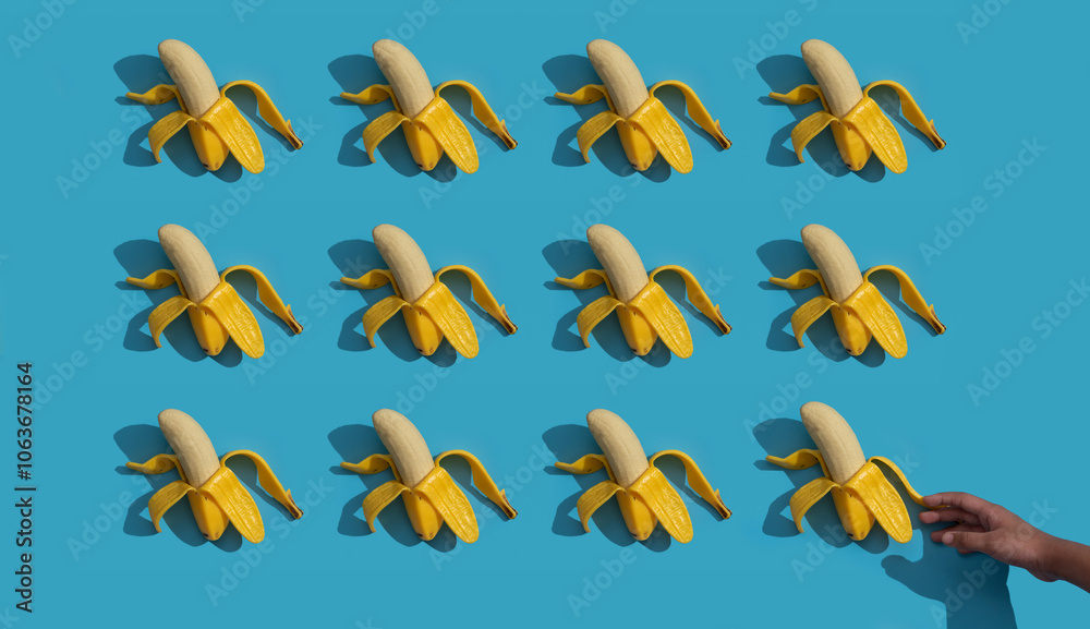 Naklejka premium Pattern of bananas with shadows on blue surface