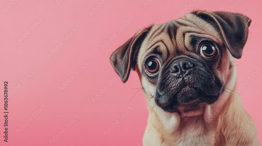Playful pug with a wrinkly face on a solid pink background, humorous and adorable Playful pug with a wrinkly face on a solid pink background, humorous and adorable