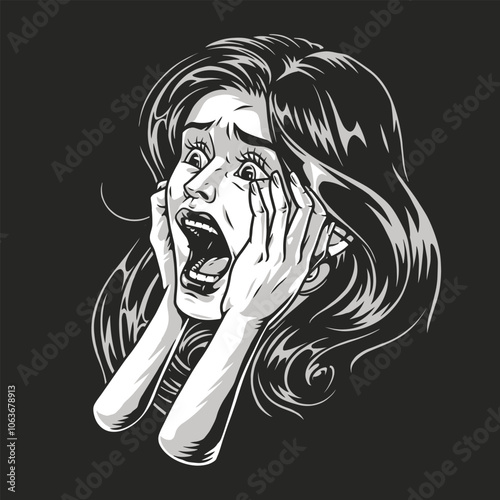 Fearful woman in black and white art
