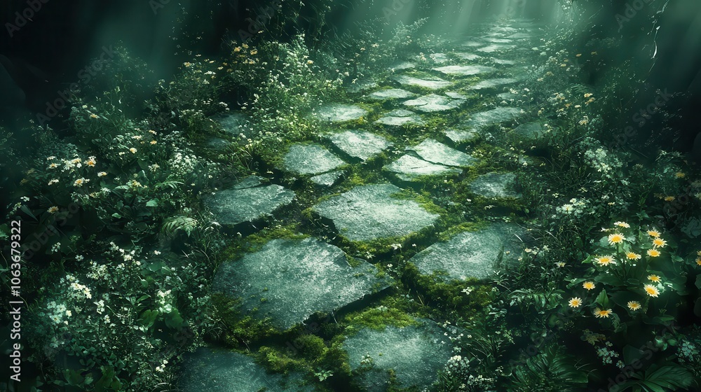 Obraz premium mysterious pathway winding through an enchanted forest the cracked asphalt covered in emerald moss and wildflowers inviting viewers to explore the shadows and secrets of natures embrace
