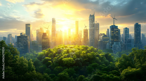 Cityscape with Green Forest...