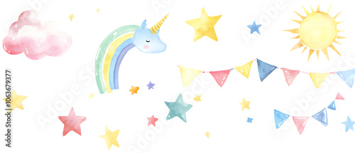 Watercolor Illustration of a Unicorn, Rainbow, Stars, and Bunting Flags, and Buntin