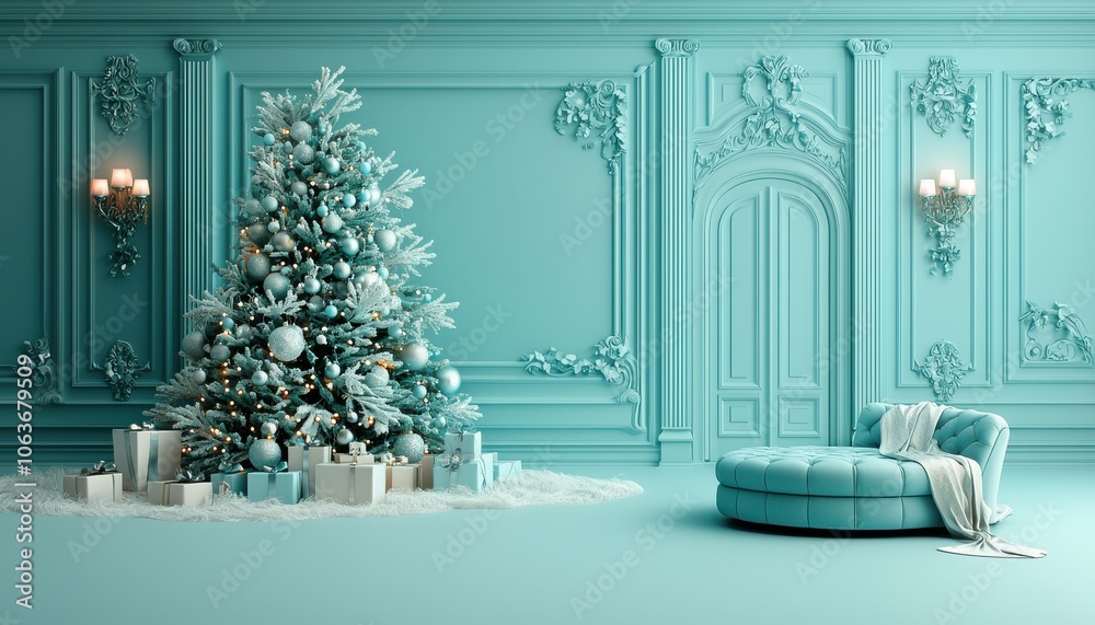 Elegant turquoise room decorated for Christmas with a tree and cozy seating.