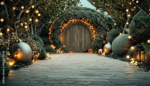 Enchanting garden pathway with glowing lights and a wooden door, serene ambiance. photo