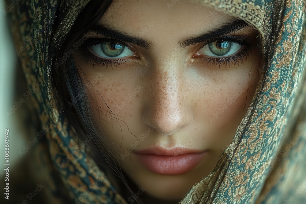mysterious portrait of a striking woman adorned in a richly patterned oriental chador her expression enigmatic bathed in soft atmospheric lighting that evokes a sense of intrigue